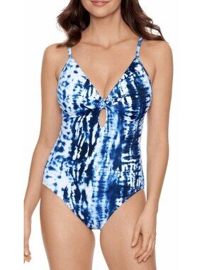 Time & Tru Women's Blue & White Vertical Tie-Dye One Piece Swimsuit Size L